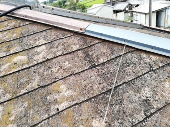 台風によって浮いた棟板金と苔の生えたスレート
