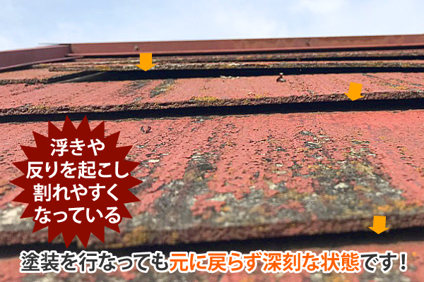 浮きや反りを起こし割れやすくなっている屋根は、塗装を行なっても元に戻らず深刻な状態です