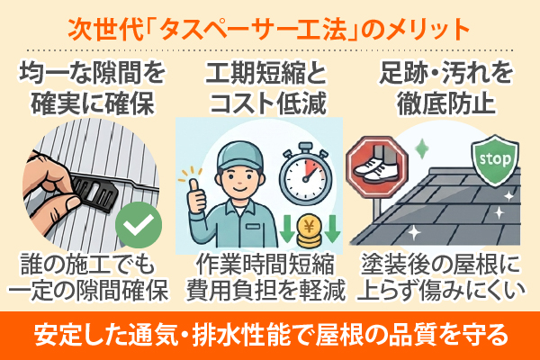 次世代「タスペーサー工法」のメリットは、安定した通気・排水性能で屋根の品質を守る